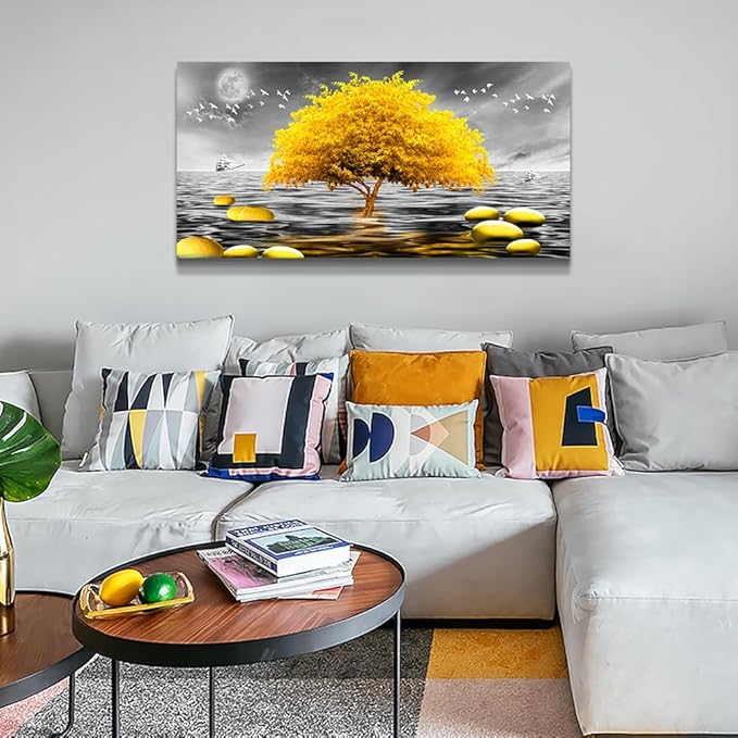 Wapluam Wall Decor - Large Canvas Wall Art for Living Room, Office, Modern Bedroom - Black and White View - Yellow Tree Pictures - 48x24in