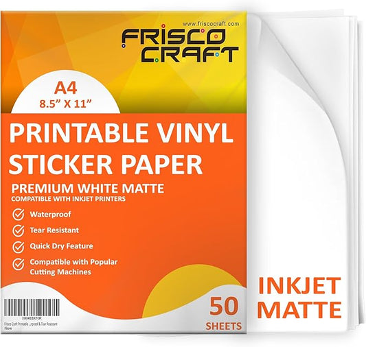 Frisco Craft Premium Printable Vinyl Sticker Paper for Inkjet Printers - Matte, 8.5" x 11" (A4) - Water-Resistant, Durable, Easy-Peel Sheets for Custom Labels, Decals, & Stickers (50 Sheets)