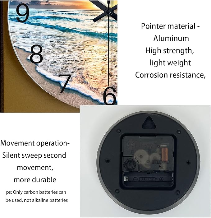 Blue Coastal Wall Clocks Battery Operated 16 Inch Glass Wall Clock Silent Beach Round Large Wall Clock for Living Room