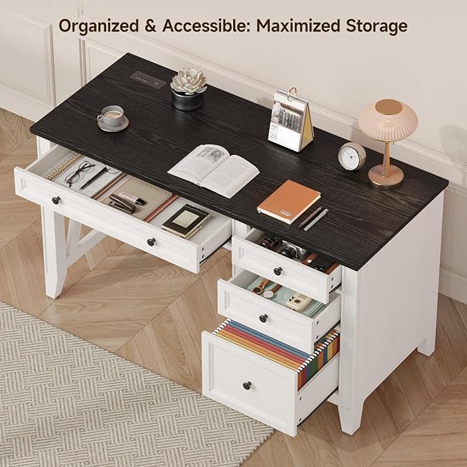 ONBRILL 54 Inch Farmhouse Executive Desk, Computer Desk with Storage Drawers & File Drawer, Modern Home Office Desk with Charging Station for Working, Studying, Writing, Brown (White)