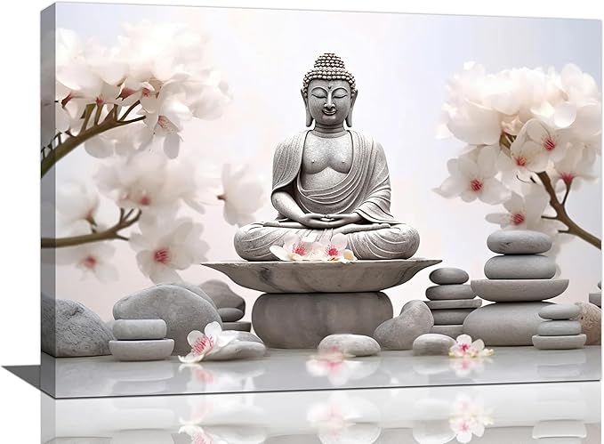 yerretin Buddha Zen Wall Art Buddhist Pictures Wall Decor Blossom Statue Canvas Meditation Painting Modern Artwork Home Decoration for Bathroom Living Room Bedroom Spa Yoga Framed 24"x16"