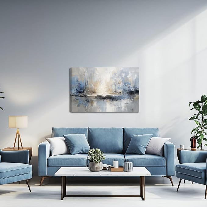 XRZ Abstract Wall Art – Blue and Beige Scripture Canvas – Christian Wall Decor for Living Room Bedroom Office – 36x24 Inch