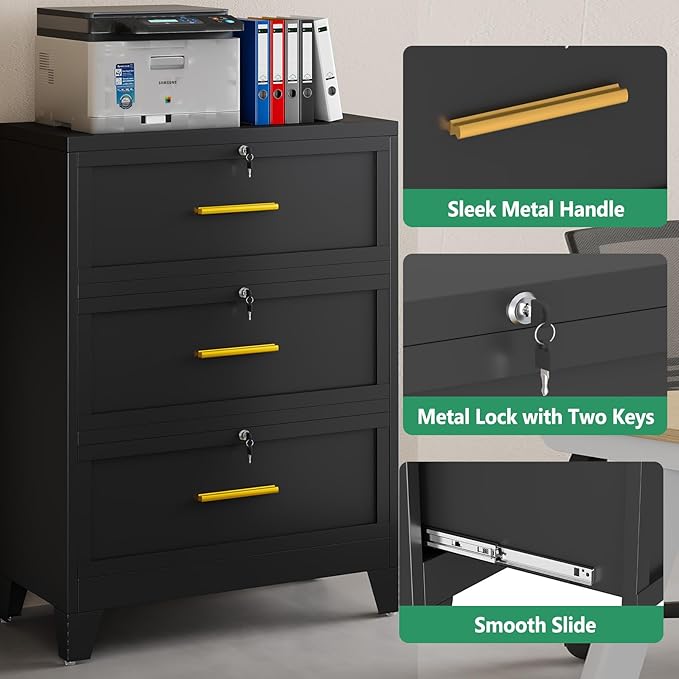 Metal Lateral File Cabinet with Lock,3 Drawer Steel Wide Filing Organization Storage Cabinets,Office Filing Cabinet for Legal/Letter/A4/F4 Size with Hanging Files&Key,Lockable Cabinets for Home Office