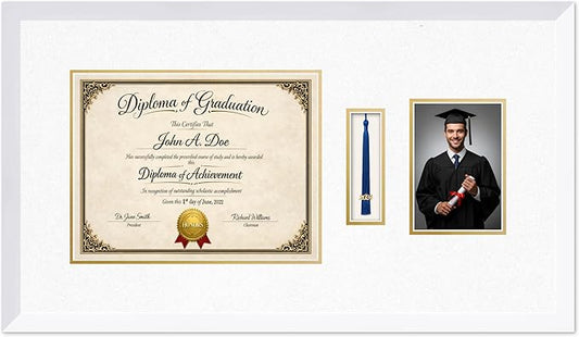 Diploma Tassel and Photo Frame Bright White Shadowbox Oyster Shell Over Gold Mat - Fits 13 x 10 Degree Picture Made in the USA