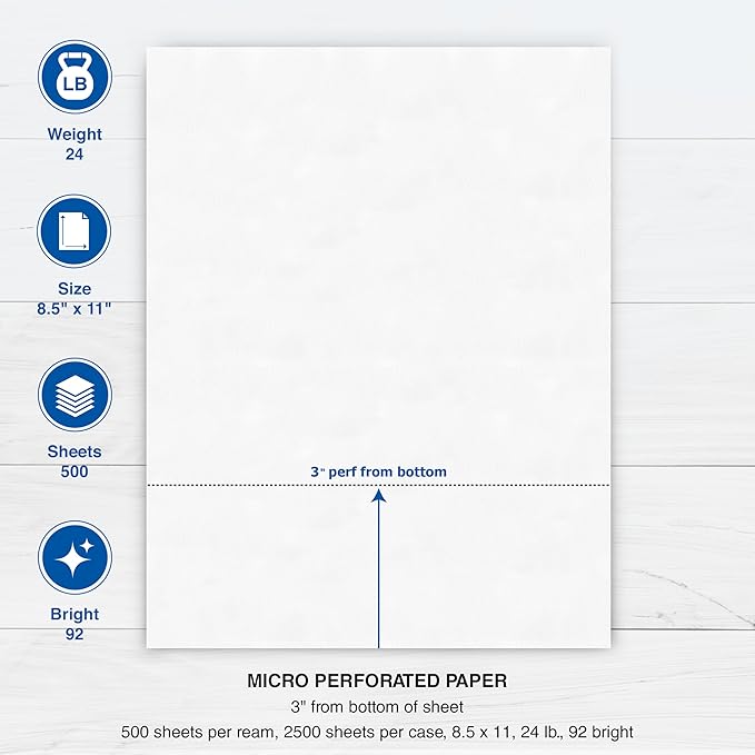 PrintWorks Professional 3" Horizontal Perforated Paper 8.5” x 11” - Perfect For W-2, 1099, & Statement Use - Made in the USA - 2500 Sheets - 24 lb - Printer Compatible - White (04168C)