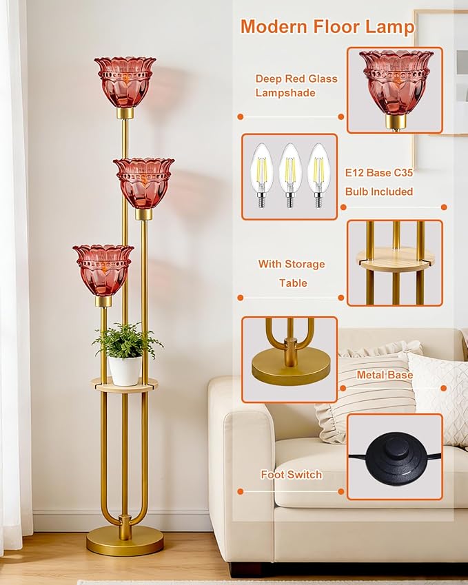 Lightdot 3-Lights Glass Floor Lamp for Living Room Modern Dimmable Gold Floor Lamp with Rose Red Glass Shade & 3000K Bulbs Included Tall Standing Lamp for Bedroom/Sofa Beside/Corner Decor