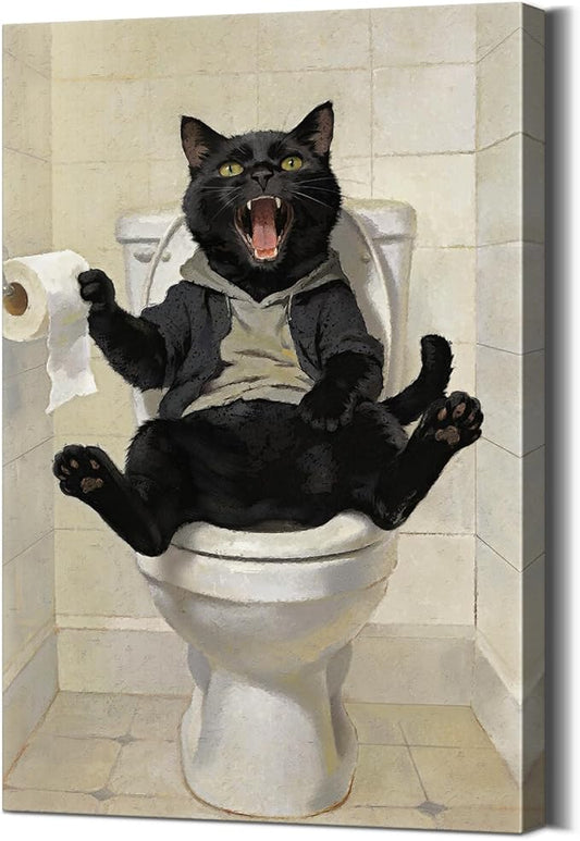 Framed Funny Black Cat Bathroom Decor Modern Bathroom Wall Art, Humor Black Cat Sitting on Toilet Cathching Toilet Paper Roll Wall Decor, Animals Posters Paintings Print Decoration 28x40 Inches