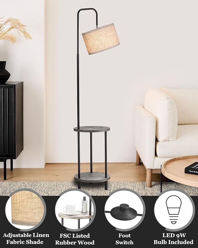 ELYONA Solid Wood Floor Lamp - Rustic Side Table Lamp for Bedroom & Living Room - Mid Century Modern Floor Lamp with 3 Color Temperatures LED Bulb - Industrial Tall Pole Reading Standing Light - Grey