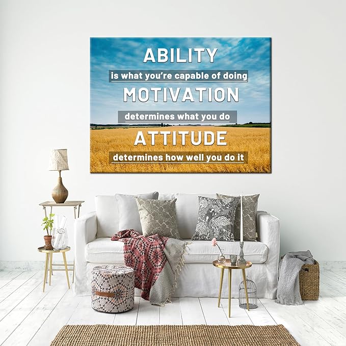Ability Motivation Attitude Inspirational Canvas Wall Art Motivational Picture Print Field Background Poster Painting Wall Decor for Living Room Office Workplace Stretched and Framed [40''Wx 30''H]