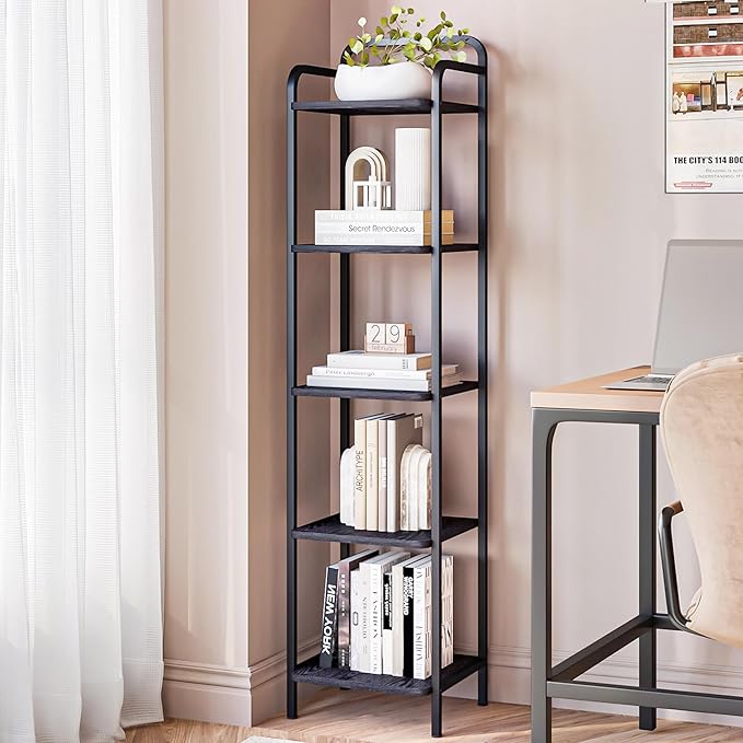 Bookcase Bookshelf, Narrow Book Shelf, Industrial Corner Shelf Storage Organizer, Slim Shelving Unit for Home Office, Living Room, Bedroom, Kitchen, 5-Tier Black BC24504B