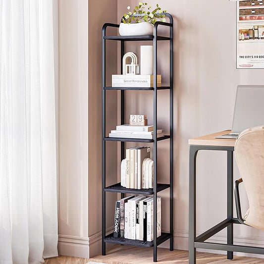 Bookcase Bookshelf, Narrow Book Shelf, Industrial Corner Shelf Storage Organizer, Slim Shelving Unit for Home Office, Living Room, Bedroom, Kitchen, 5-Tier Black BC24504B