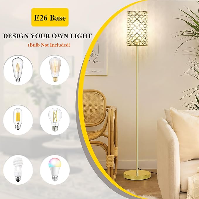 Gold Floor Lamp, Crystal Floor Lamp with Decorative Shade, Standing Lamp with On/Off Foot Switch & E26 Base, Modern Floor Lamps Corner Tall Pole Light for Living Room, Girls Bedroom, Dresser, Office