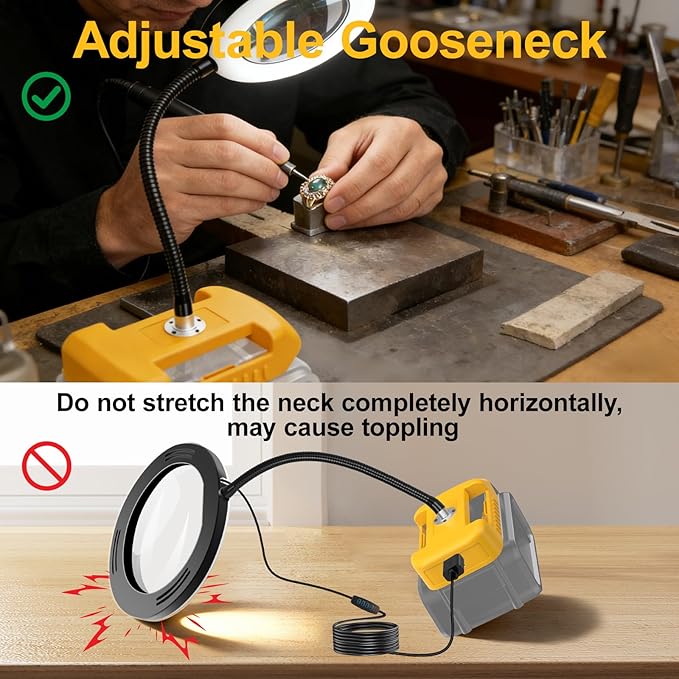 8X Magnifying Glass with Light and Battery Adapter for DeWalt 20V Li-ion Battery, 72 LED 3 Color Modes Stepless Dimmable Desk Lamp, Hands Free Flexible Gooseneck Magnifier for Close Works Crafts Hobby