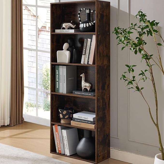 Tall Bookshelves with Cabinet, Office Storage Cabinets and Bookshelf, 5-Tier Wooden Bookcase with Storage, Floor Standing Display Cabinet Shelves for Living Room, Home Office, Brown