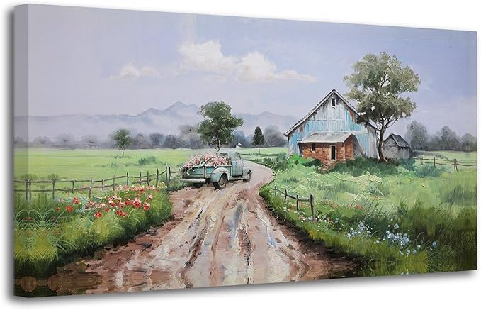 Arjun Landscape Wall Art Canvas Farmhouse Pictures Wall Decor for Living Room, Nature Farm Painting Green Countryside Barn Bedroom Picture Artwork Framed Home Office Wall Decor, Large 48"x24"