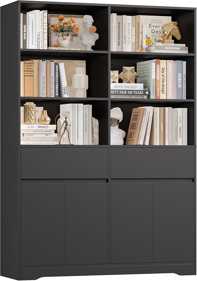 FINETONES 69" Black Bookshelf with Doors, 47.2" Double Wide Bookshelves and Bookcases with Storage, Tall Bookshelf Large Open Book Shelf Standing Book Case for Home Office, Black