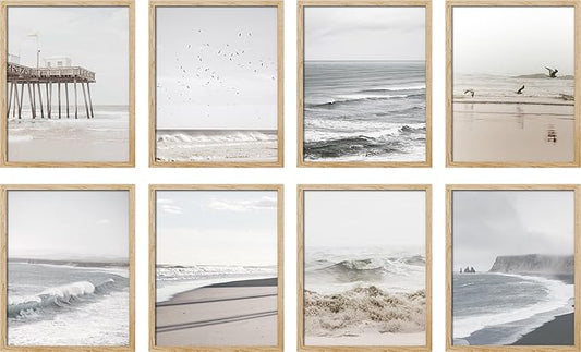 SIGNWIN Framed Poster Wall Art Set of Ocean Beach Seashore Coastals, White Minimalist California Ocean Beach Seashore Pier Nature Wilderness for Living Room, Bedroom, Office - 12"x16"x 8 Natural