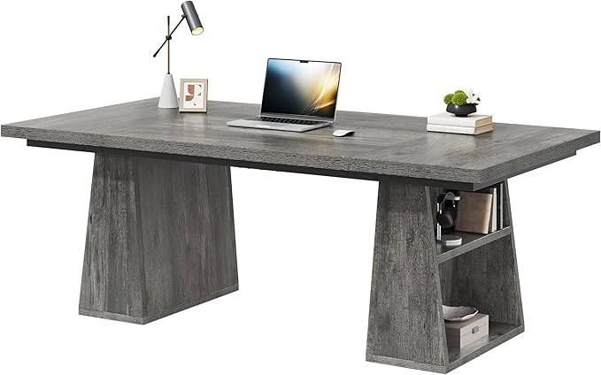YITAHOME 63" Executive Desk, Large Office Desk Computer Desk with Double Pedestal and Storage Shelves, Wood Simple Workstations Writing Table Conference Table Business Furniture for Home Office, Grey