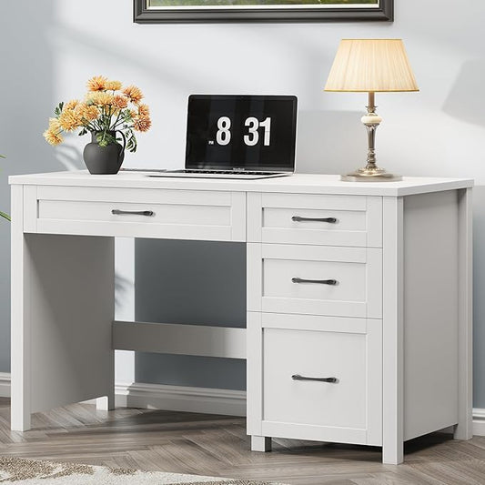 Farmhouse 47" Executive Desk, Computer Desk with File Drawer and Charging Station, Workstation for Home Office, Study.（Cream White