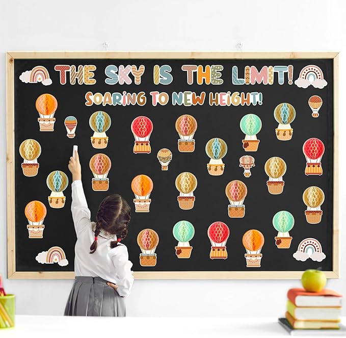 Crtiin 3D Hot Air Balloon Honeycomb Bulletin Board Set for School Classroom Decoration Hot Air Balloon Artcraft Cutouts with Honeycomb for Back to School Kindergarten Decor The Sky Is The Limit (Boho)