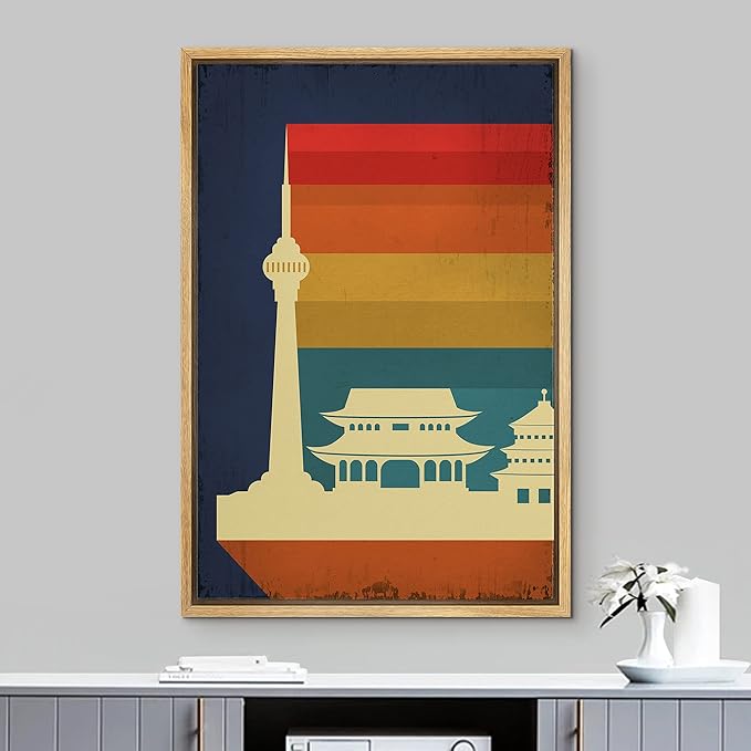 IDEA4WALL Framed Canvas Print Wall Art Retro Vintage Chinese Capitol Poster Cultural Building Illustrations Modern Art Contemporary Scenic Warm for Living Room, Bedroom, Office - 16"x24" NATURAL