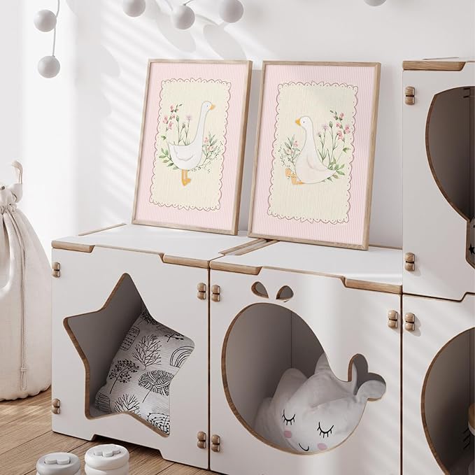 Vintage Nursery Wall Art Silly Goose Canvas Poster Pink Coquette Wall Decor Girls Room Pictures Baby Kids Poster Cute Animal Prints Floral Painting Artwork for Gallery Bedroom 12x16 Inch Unframed