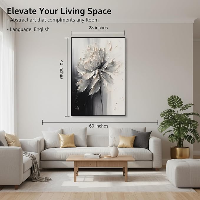 Hand Painted White And Black Flower Canvas Wall Art for Living Room,Large Framed Floral Oil Painting for Bedroom, Modern 3D Floral Artwork Wall Decor for Office Home Decor 28" x 40"
