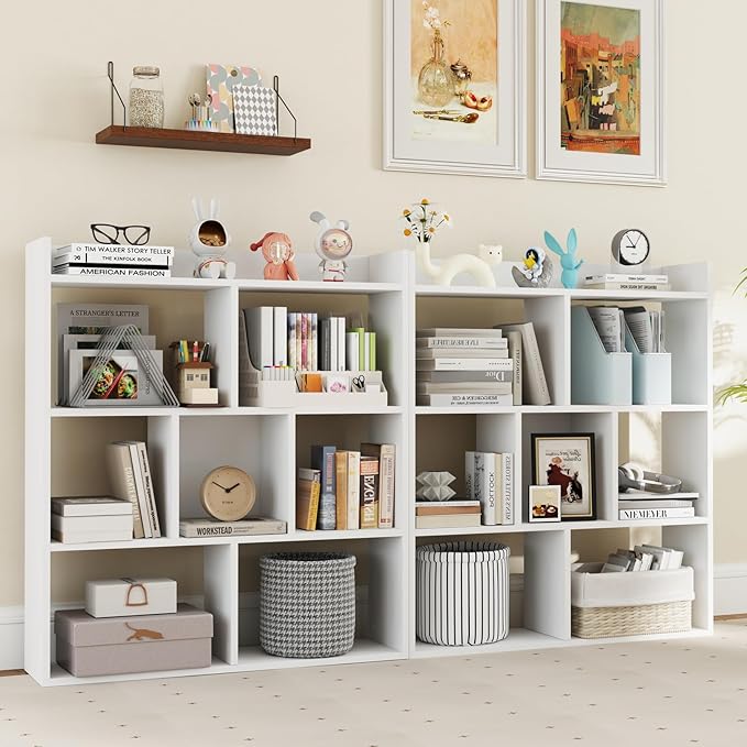 Tangkula 7-Cube Bookshelf, Floor Standing Open-Back Bookcase with Anti-Toppling Devices, Wooden Geometric Bookshelf, 4-Tier Storage Display Shelf for Living Room, Study, Office (1, White)