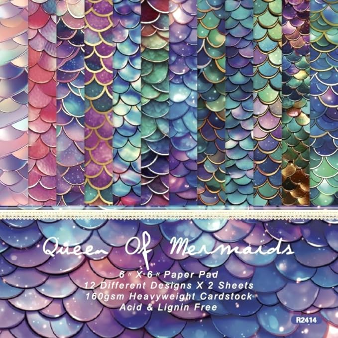 Mermaid Themed Scrapbook Paper Pad 6x6 inches, Single-Sided Scales and Seashell Patterns Designs For Craft - 24 Decor Sheets