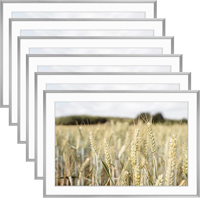 Golden State Art, Gallery Wall Frame Set of 6 - Silver 13x19 Aluminum Photo Frames with Mat for 11x17 Pictures - 13 x 19 inch Metal Frame with Real Glass Cover - Elegant Home or Office Decor