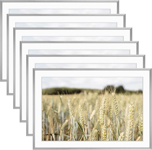 Golden State Art, Gallery Wall Frame Set of 6 - Silver 13x19 Aluminum Photo Frames with Mat for 11x17 Pictures - 13 x 19 inch Metal Frame with Real Glass Cover - Elegant Home or Office Decor