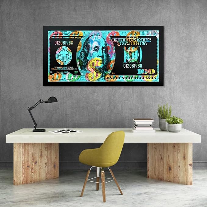 Abstract Color Graffiti Dollar Money Wall Paintings 100 Dollar Bill Wall Art Office Wall Art Canvas Artwork Vintage Money Large 1 Panel Artwork for Wall Decoration Paintings Easy to Hang-48"Wx24"H