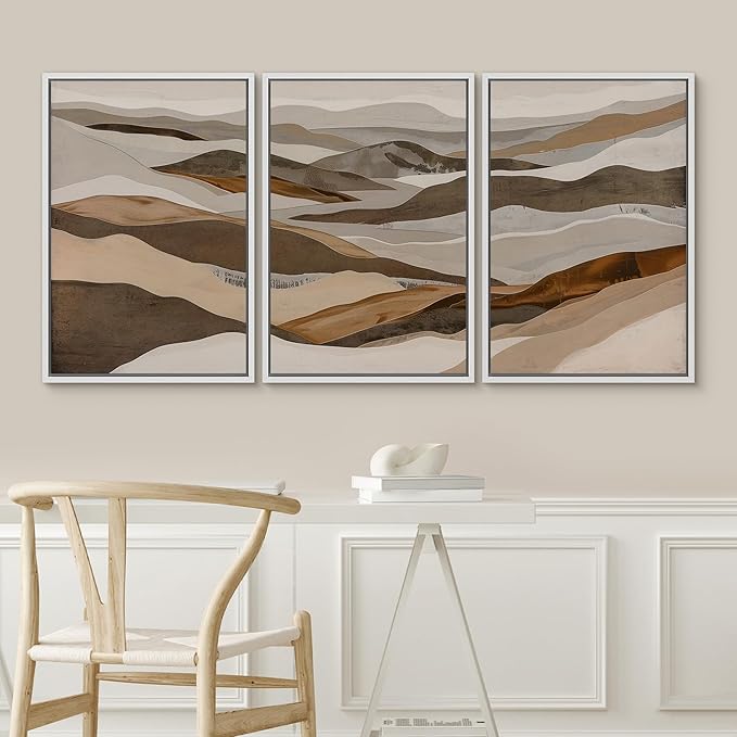 SIGNWIN Framed Canvas Print Wall Art Abstract Mountain Modern Minimalist Beige and Brown Layered Shape Nature Wilderness Modern Art Cool for Living Room, Bedroom, Office - 24"x36"x3 White