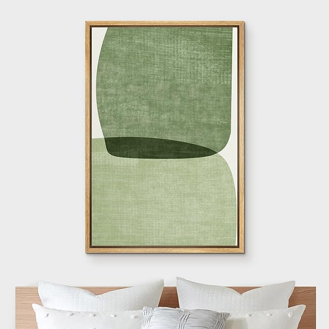 IDEA4WALL Framed Canvas Print Wall Art Sage Green Mid-Century Modern Watercolor Blot Abstract Shapes Illustrations Modern Art Decorative Minimalist Relax/Cozy Multicolor for Bedroom - 24"x36" Natural