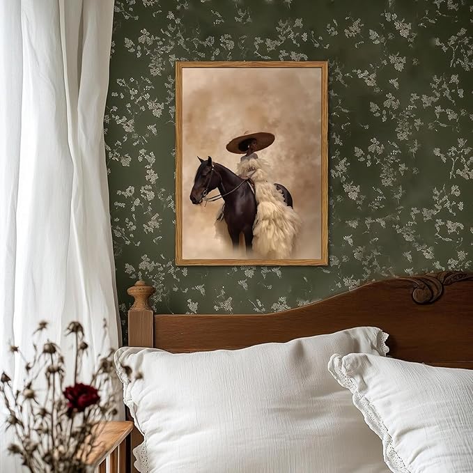 Framed Western Cowgirl Wall Art, Fashion Black Girl Riding Horse Canvas Wall Decor Painting, Black Woman African American Bride Pictures Prints Aesthetic Home Decor for Living Room Bedroom 12x16 inch