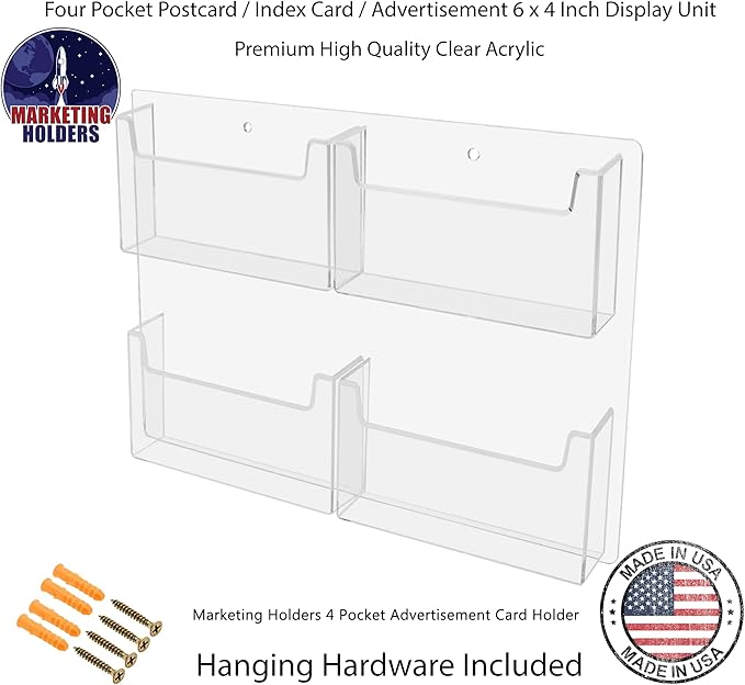 Marketing Holders Postcard Holder with Hanging Hardware 4 Slot Wall Mounting Clear Acrylic Multi-pocket for 6" x 4" Index Cards Organizer Rack Display Space Saver Hotels Motels
