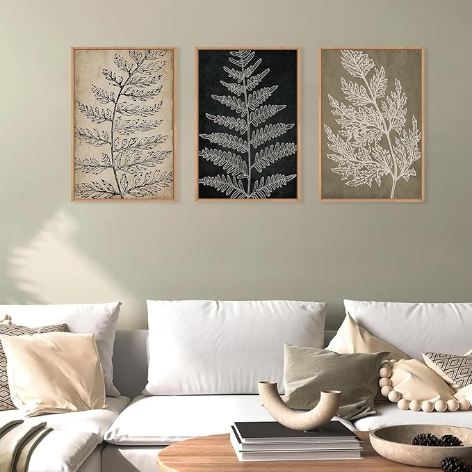 KAIRNE Farmhouse Botanical Wall Art Set of 3, Framed Fern Leaf Prints for Home Decor, Living Room Bedroom, Rustic Black Tan Minimalist Plant Painting, 16x24 Inch