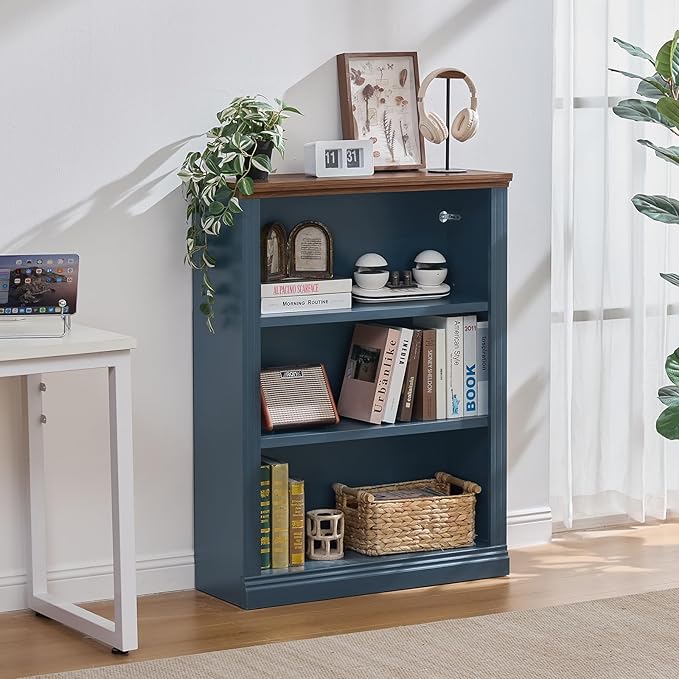 43" Blue Tall Bookshelf Set of 2,3-Tier Thick Wooden Book Shelf with Adjustable Shelves,Free Standing Farmhouse Bookcase with Open Display Storage,Floor Vintage Bookshelves for Living Room