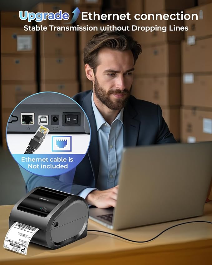Phomemo Ethernet Thermal Label Printer 4x6, Bluetooth Shipping Label Printer for Small Business, Home, Office, 300DPI Wireless Thermal Printers Compatible with Ethernet/Bluetooth/USB, Etsy, USPS
