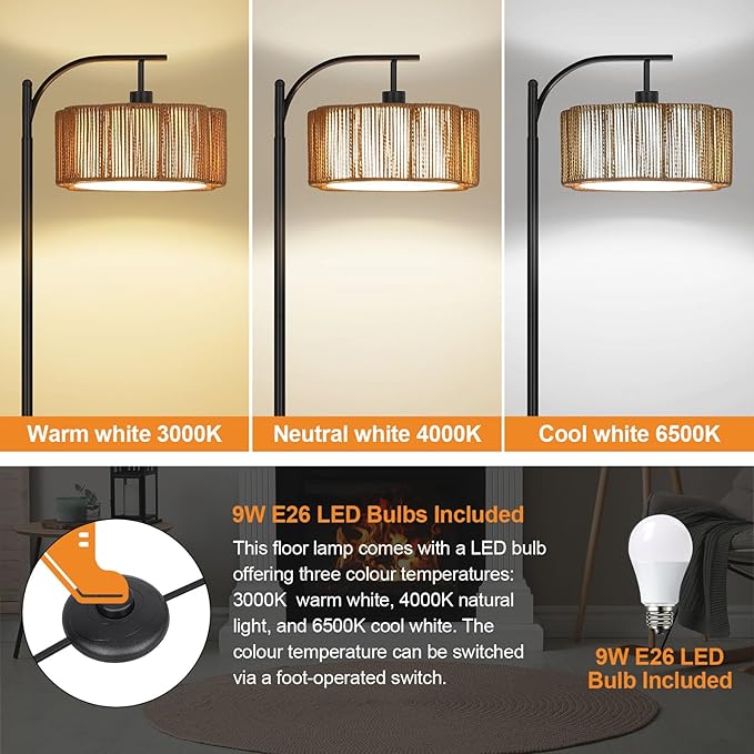 Boho Arc Floor Lamp for Living Room, Modern Rattan Floor Lamp with Foot Switch, Tall Lamp Dimmable 3 Colors Temperature LED Floor Lamps, Bohemian Black Standing Lamp for Bedroom Office
