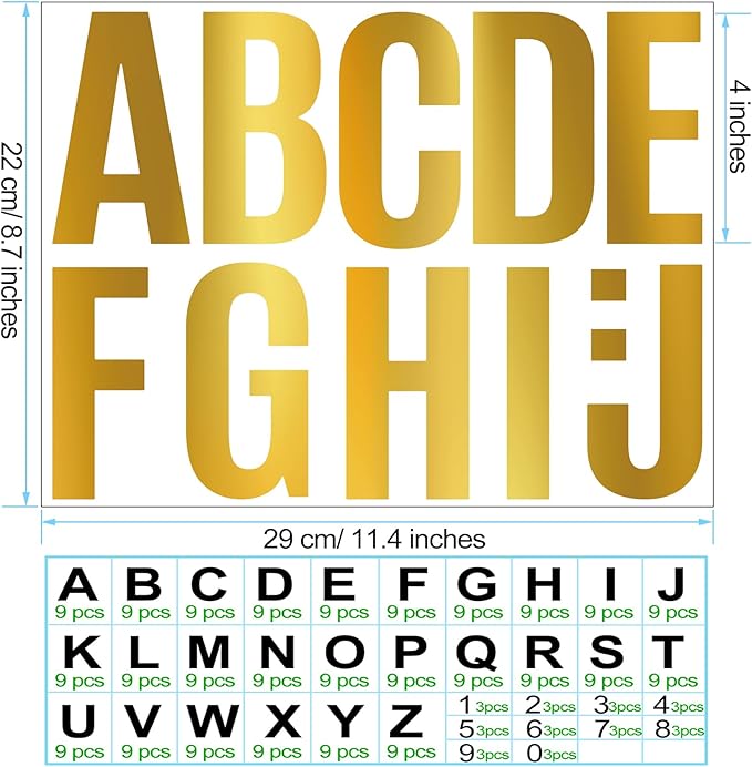 Bemeol 30 Sheets Large Letter Sickers 4 inch Vinyl Letter Alphabet Number Stickers for Bulletin Board Classroom Mailbox Home Decor(Gold)