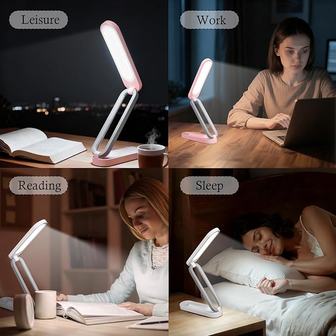 Rechargeable LED Desk Lamp, Foldable Portable Table Light with 3 Brightness Levels,Type-C USB Charging,Small Desk Lamp,Portable Bedside Wireless Reading Light,Home, Office, Nail Art,Craft,Pink