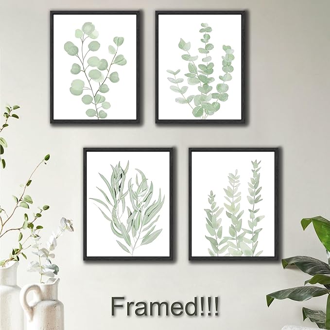 Drsoum Framed Botanical Plant Canvas Wood Wall Art Light Green Sage Wall Decor Eucalyptus Leaf Picture for Home 8”x 10” x 4pcs Black Framed