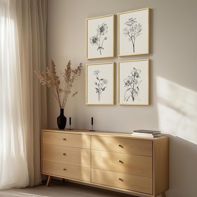 Framed Minimalist Black and White Floral Wall Art, 4 Piece Neutral Rustic Botanical Canvas Artwork for Modern Farmhouse, Vintage Flower Painting Prints for Living Room Bedroom Kitchen Wall Decor,12x16