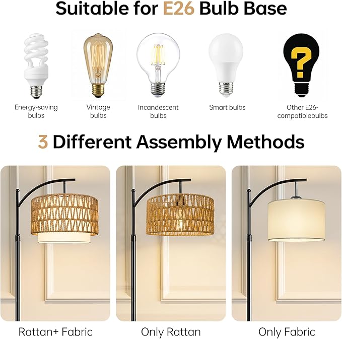 Floor Lamps for Living Room Rattan Boho Floor Lamp with Shade, Boho Standing Lamp with Rattan & Fabric Shades, Adjustable Tall Lamp for Living Room Bedroom