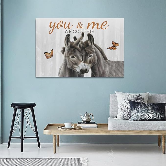 yerretin Farmhouse Donkey Wall Art Country Love Pictures Wall Decor Rustic Animal Canvas Painting Home Decoration Artwork for Bathroom Bedroom Living Room Office Framed 24"x16"