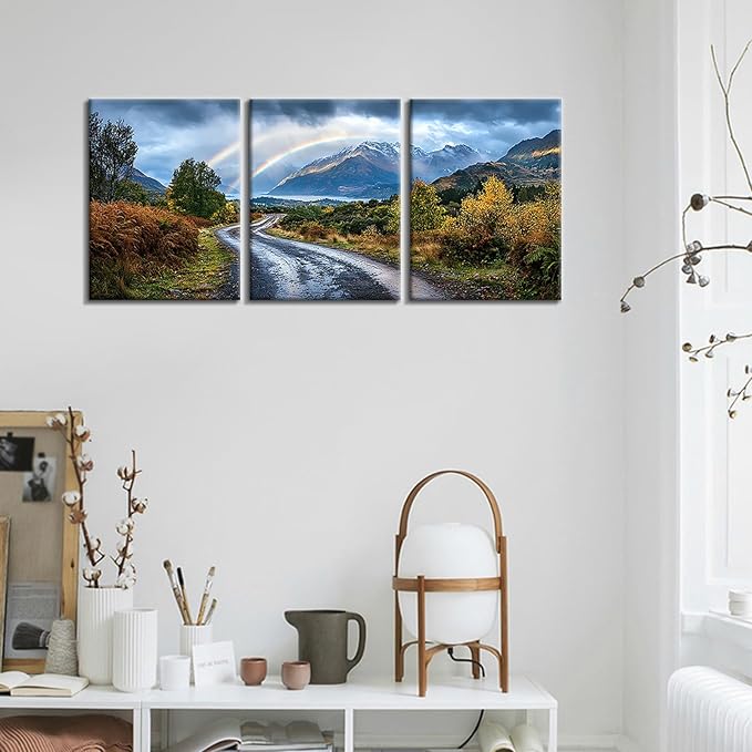 Landscape Canvas Wall Art Rainbow and Beautiful Nature Poster Print Countryside Natural Mountain Paths Picture Painting Wall Decor Artwork for Home Bedroom Bathroom Ready to Hang [36''W x 16''H]