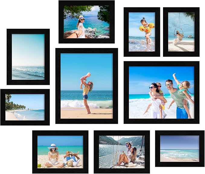 iRahmen Collage Picture Frames Set of 10, Wall Decor for Mounting or Tabletop Display, Family Photo Gallery Frame Set - Multi Sizes Including Two 8x10, Four 5x7, Four 4x6, HD Glass, Rustic Wood