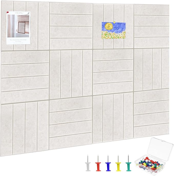 Felt Bulletin Board Tiles 48" x 36", 12-Pack Cork Board for Office, Pin Board with 60 Pushpins Cork Boards for Office Decor Walls Organizer, 70 Adhesive Tabs Included - Oatmeal