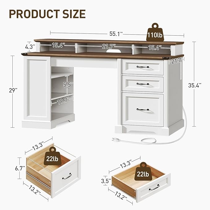 2 Pack 55'' Farmhouse Executive Desk with Drawers, Computer Desk with File Cabinet and Side Bookshelf, Writing Gaming Desk with Monitor Stand, White and Walnut
